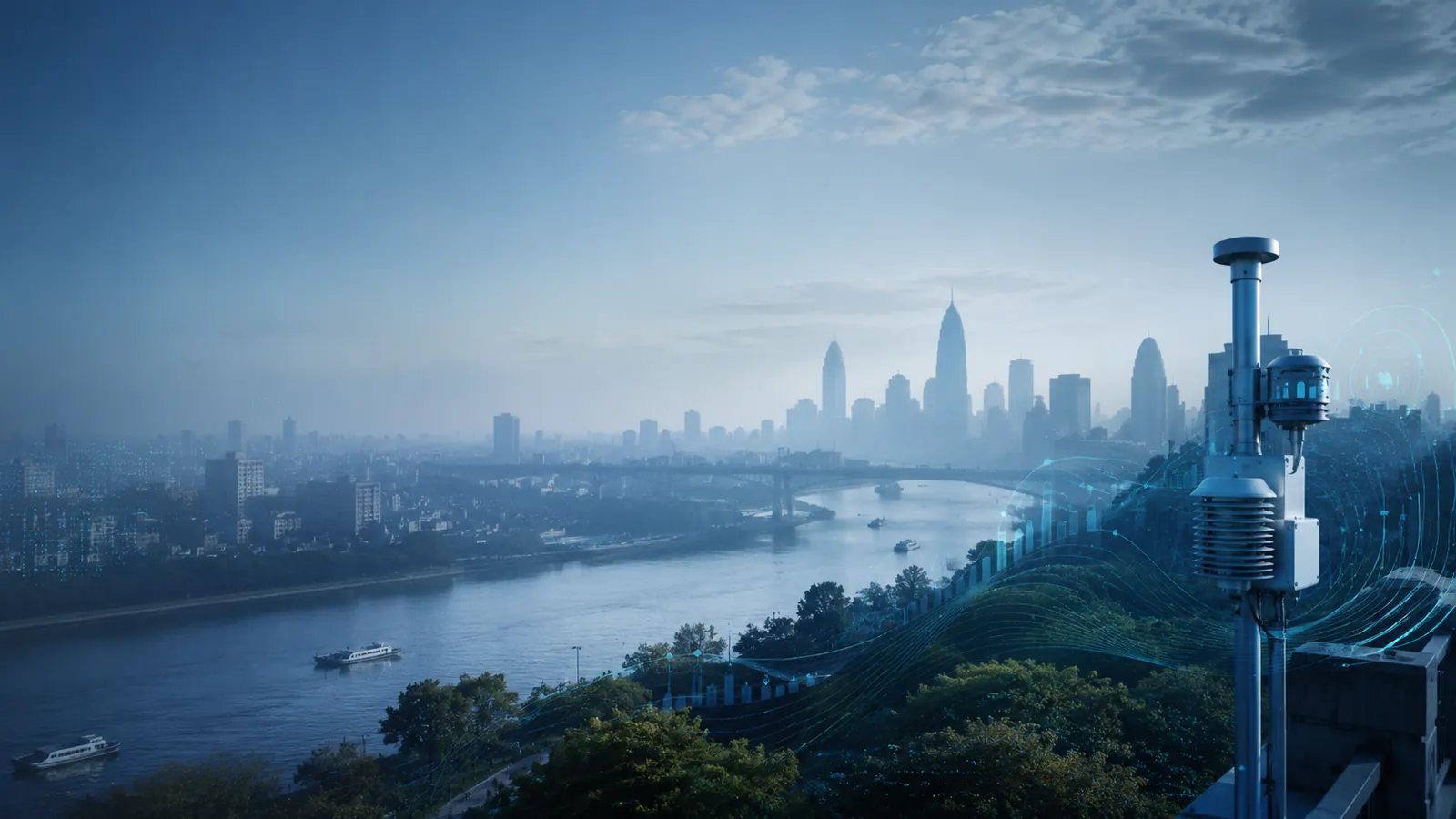 City skyline seen through dense atmospheric haze