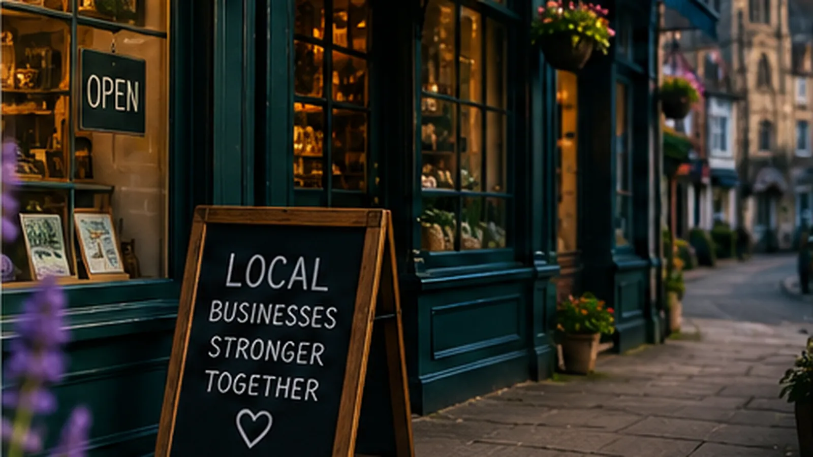 Street-level view of local businesses and neighbourhood buildings